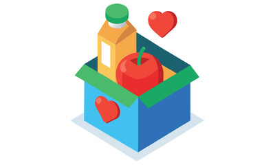 A healthy gift box containing a red apple and a bottle of juice with red hearts symbolizing love and care presented in an isometric view