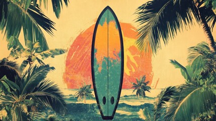 Surfboard amidst tropical palms, sunset backdrop