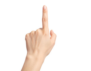 A right hand with the index finger extended upward, showing natural skin texture and nails.