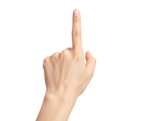 A right hand with the index finger extended upward, showing natural skin texture and nails.