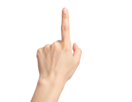 A right hand with the index finger extended upward, showing natural skin texture and nails.