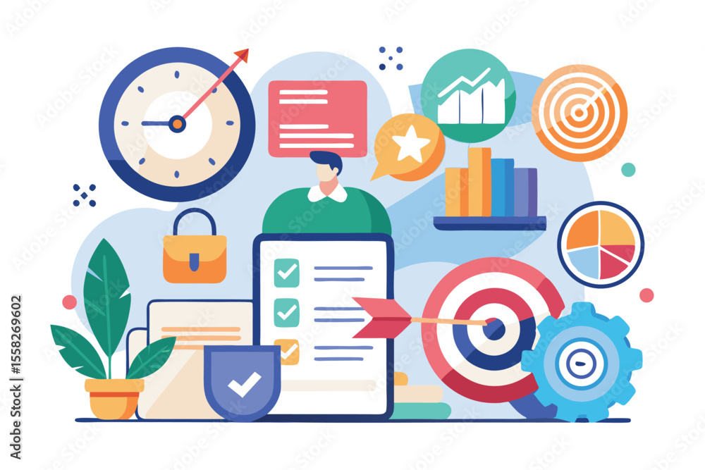 Poster explore effective time management and development strategies through visual concepts illustrating or