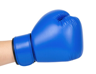 A blue boxing glove worn on a fist, designed for protection during boxing or combat sports.