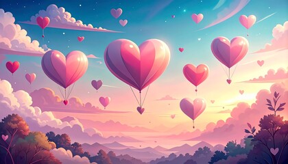 Enchanted Heart Balloons Floating in a Dreamlike Sky at Sunset