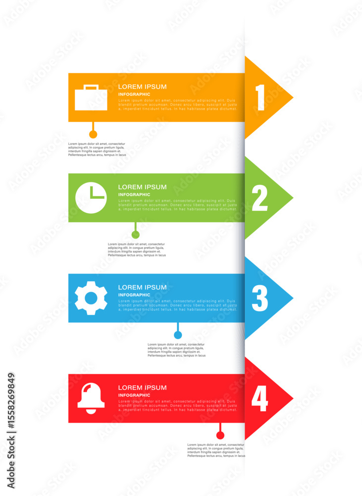 Aufkleber vertical infographic template with arrows and 4 steps or options. vector infographic layout with ico