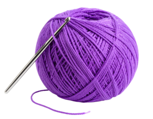 A tightly wound ball of purple yarn with a silver crochet hook inserted into it.
