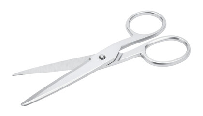 A silver metallic pair of scissors with pointed blades and round finger holes, designed for cutting various materials.