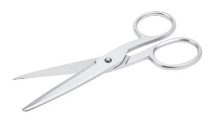 A silver metallic pair of scissors with pointed blades and round finger holes, designed for cutting various materials.