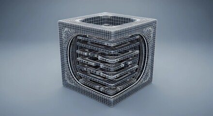 Intricate Digital Wireframe Cube Object on Grey Studio Background