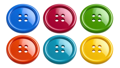 Six colorful round buttons with four holes each, arranged in two rows, featuring glossy surfaces and vibrant primary and secondary colors.