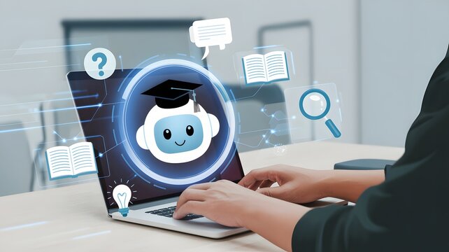 Artificial Intelligence Education Assistant Robot With Graduation Cap Helping Online Learning On Laptop With Digital Graphics

