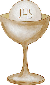 Watercolor chalice and host with jhs on transparent background.