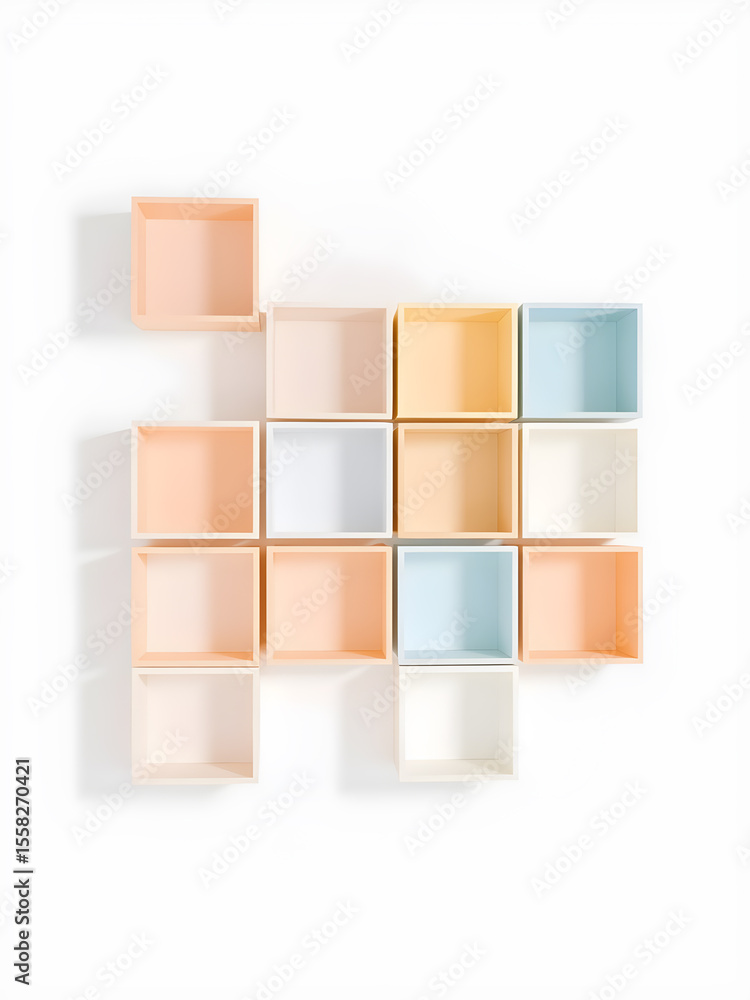 Poster modern pastel colored cube shelves arranged in a staggered pattern on a white background with soft s