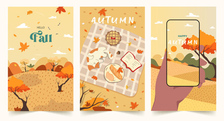 Autumn collage showcasing vibrant landscapes and cozy moments. Vector illustration