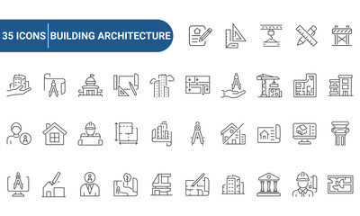 Set of outline icons related to building, architecture, house, design. Linear icon collection. Editable stroke. Vector illustration