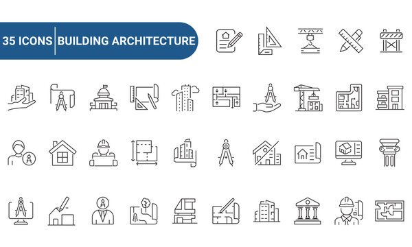 Set of outline icons related to building, architecture, house, design. Linear icon collection. Editable stroke. Vector illustration