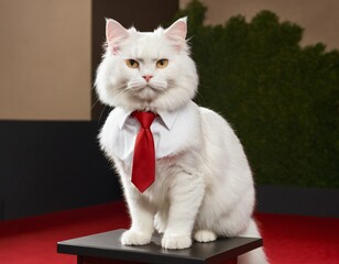 Dapper Cat in Business Attire: A fluffy white cat, impeccably dressed in a crisp white shirt and a bold red tie, embodies a sense of professionalism. Ai generated image