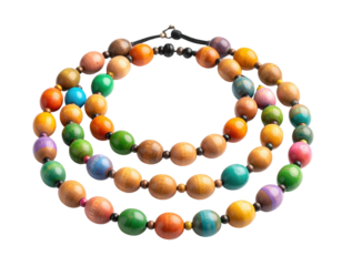 A colorful beaded necklace featuring wooden beads in various sizes and vibrant hues, strung together with a dark cord and a clasp closure.