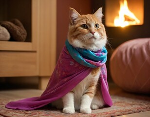 Super Cat: A ginger cat, regal and majestic, sits majestically in a cape, exuding an air of playful confidence in a cozy indoor setting. Ai generated image