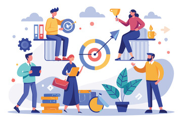 Successful business decision making system illustrated with diverse team members and engaging activities centered around goals and productivity in a contemporary office setting