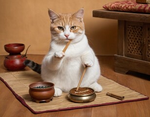 Cat Meditation: A captivating image showcases a serene cat engrossed in a meditation, embodying tranquility with a calm demeanor. It encapsulates a moment of mindfulness. Ai generated image