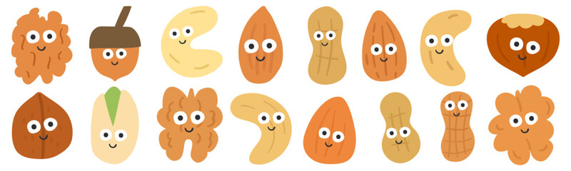 Smiling nuts. Cute funny characters. Peanut, walnut, hazelnut, almond, cashew. Flat hand drawn design. Vector illustration on white background.