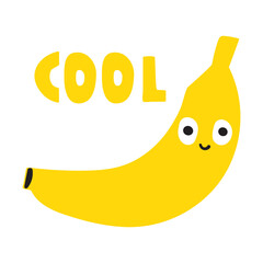 Cute banana. Word - Cool. Hand drawn flat vector illustration on white background.