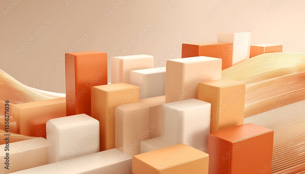 Poster arrangement of orange and white cubes with wavy lines in a studio setup for product presentation