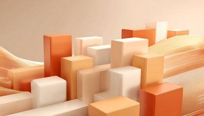 Fototapeta premium Arrangement of orange and white cubes with wavy lines in a studio setup for product presentation