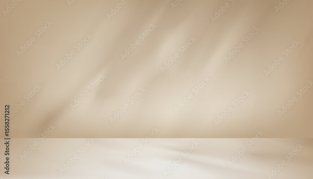 Poster autumn background,brown wall room studio with shadow leaf on empty floor for product background desi