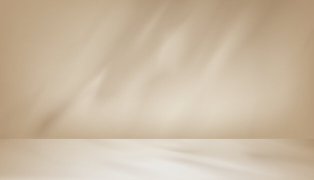 Autumn background,Brown wall room studio with shadow leaf on empty floor for product background design.Studio background with nature light on cream floor mock up for Fall season,Winter backdrop banner