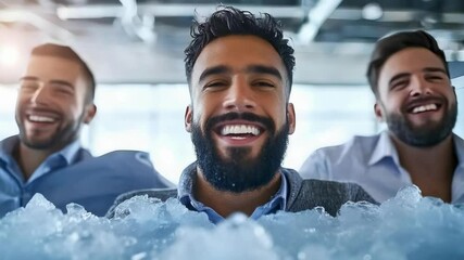 Three smiling men appear to be enjoying a fun moment, sitting in a setting filled with ice. - Powered by Adobe