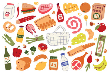 Flat cartoon vector illustration collection of groceries and supermarket food items. Doodle style set with vegetables, dairy, bakery, pantry goods and shopping basket for food packaging