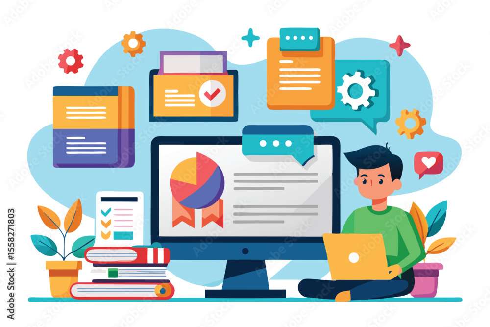 Poster isolated cartoon vector of a young man using online documentation software with a computer, colorful
