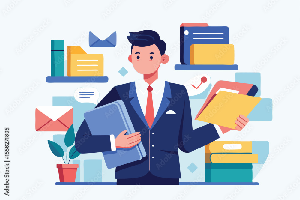 Aufkleber businessman in formal attire holding a folder with documents in an office setting while surrounded b