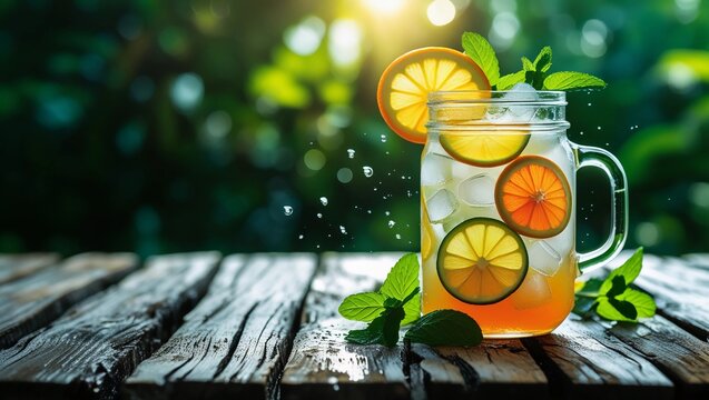 Refreshing summer cocktail with lime and mint on a table in a glass with ice
