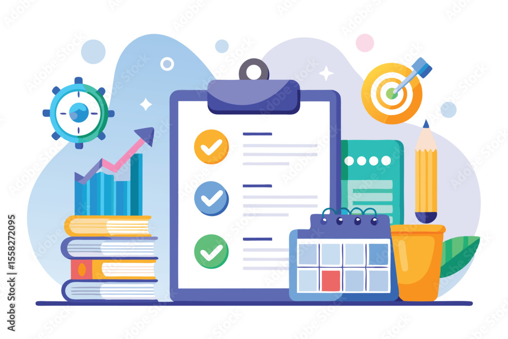 Poster monthly report preparation using business data visualization with charts and checklists for improved