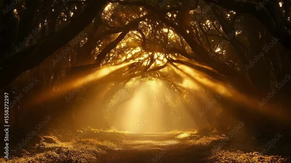 Poster a serene forest scene with sunlight streaming through a canopy of trees, creating a mystical atmosph