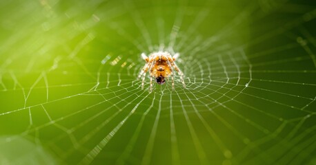 A close-up of an orange spider sitting at the center of its intricate web against a dark green background.