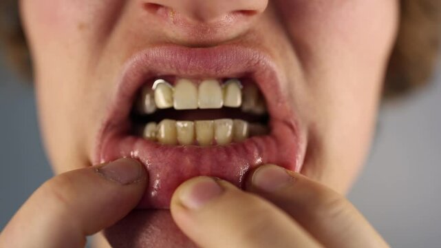 Tartar buildup clearly visible on lower teeth as lips are pulled down revealing hardened plaque and signs of poor oral hygiene in extreme close-up
