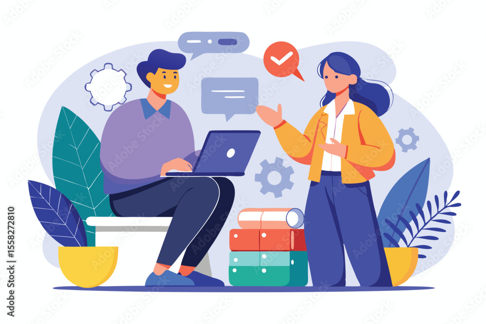 Poster two individuals engaging in a discussion about concepts while seated in a modern workspace setting