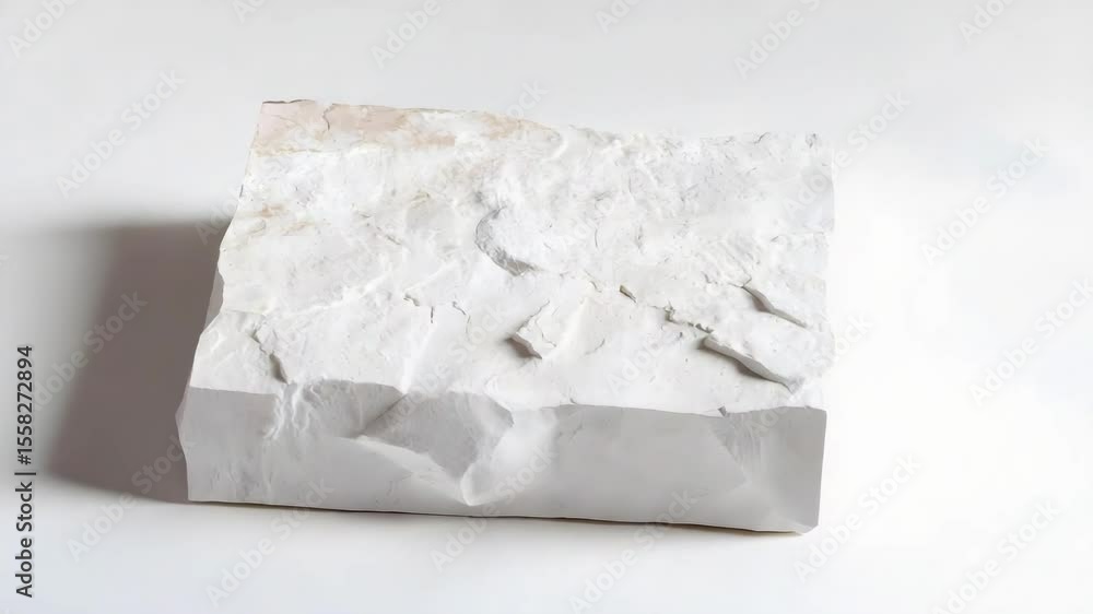 Poster A white block of marble featuring a rough surface and uneven edges, commonly used in sculpture and architecture.