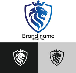 Majestic lion head with crown emblem on shield logo design