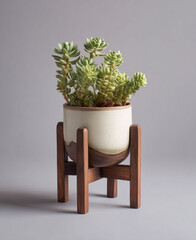 Flower pot on minimal wooden stand used as home kitchen decor item with indoor plant styling against grey background for modern interior aesthetic