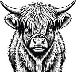 Close up of a highland cow with long hair in black and white drawing