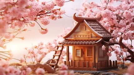 Ancient pagodas and traditional palaces stand tall against the spring sky, surrounded by vibrant Japanese cherry blossoms, embodying the rich culture and religious history of Asia