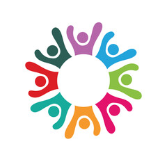 Colorful figures form circle celebrating unity and togetherness.