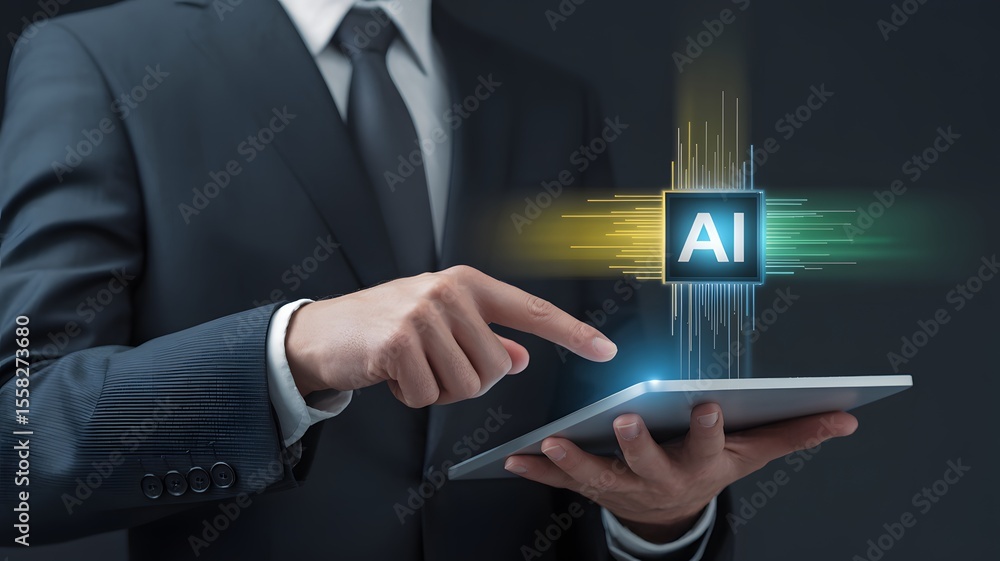 Poster businessman using digital tablet with artificial intelligence chip technology innovation machine lea