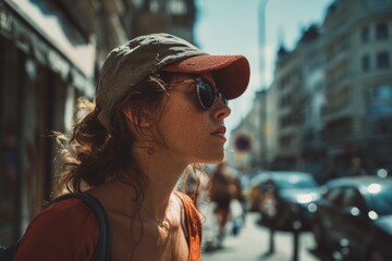A woman wearing a cap and sunglasses on a sunny day , heatwave , Generative AI