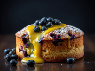 Fresh blueberry cake with custard drizzling on wooden table  